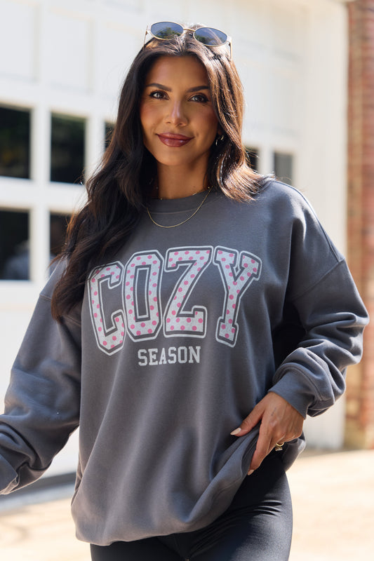 Cozy Season Polka Dot Dark Grey Oversized Graphic Sweatshirt