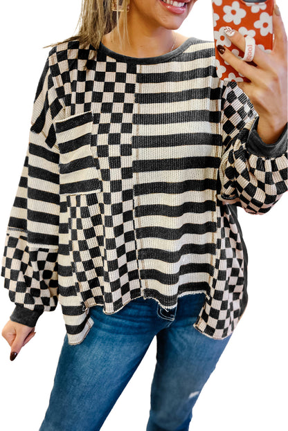 Khaki Checkered Striped Patchwork Lantern Sleeve Top