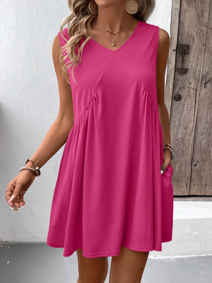 Ruched V-Neck Sleeveless Mini Dress