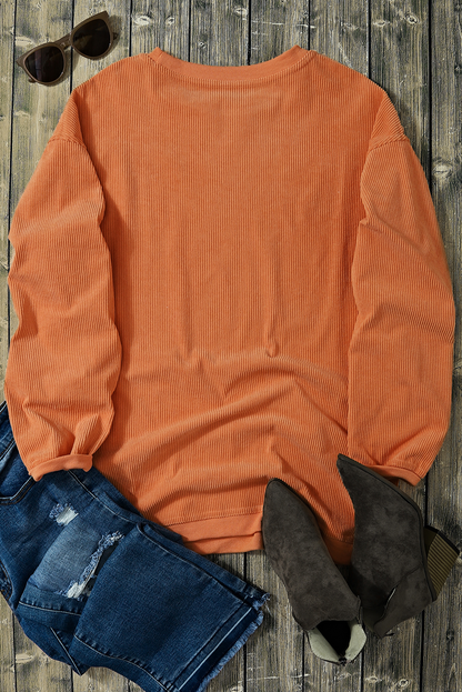 Orange Thankful Ribbed Crew Neck Thanksgiving Sweatshirt