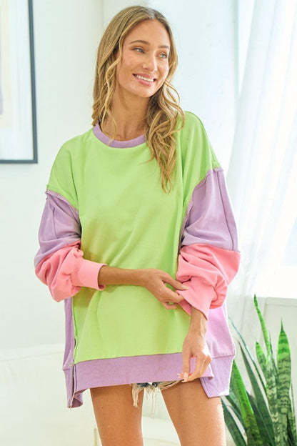 First Love Color Block Long Sleeve Slit Sweatshirt