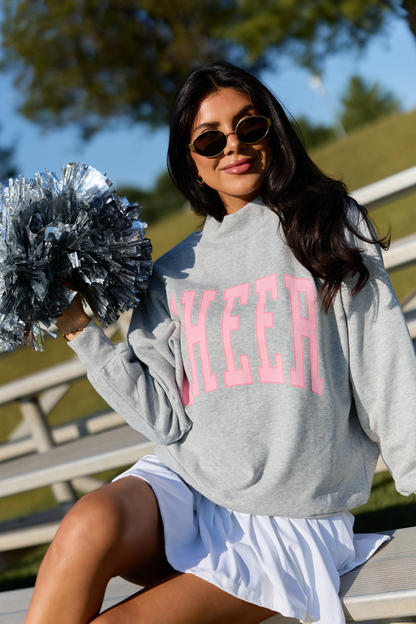 CYBER DEAL: Cheer Block Light Grey Graphic Mock Neck Sweatshirt