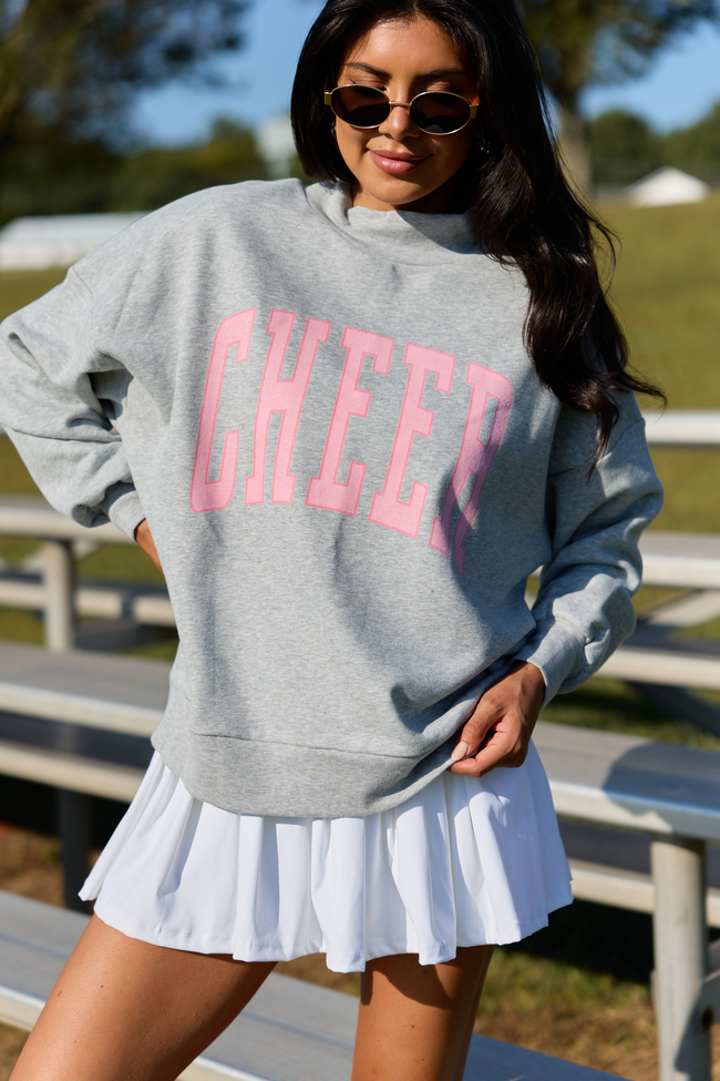 CYBER DEAL: Cheer Block Light Grey Graphic Mock Neck Sweatshirt