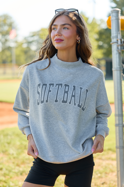 CYBER DEAL: Varsity Softball Light Grey Mock Neck Oversized Graphic Sweatshirt