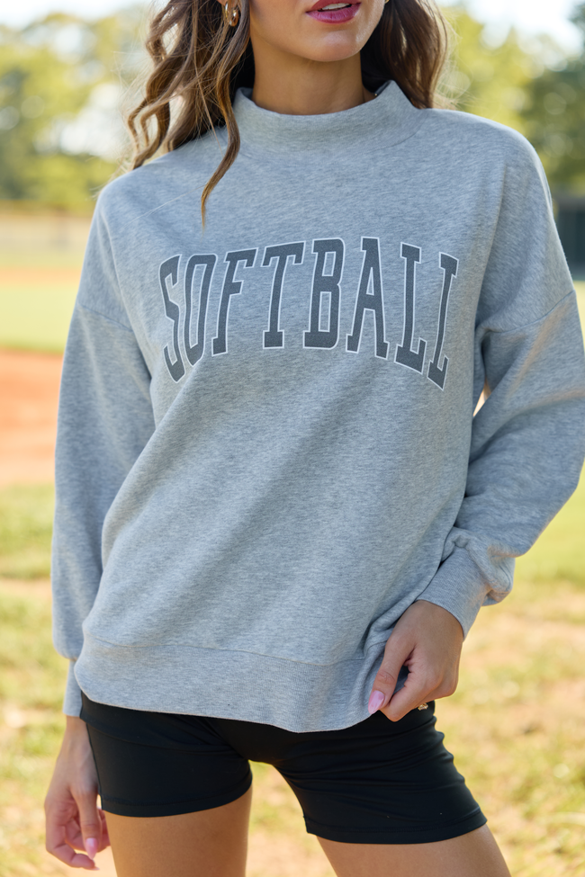 CYBER DEAL: Varsity Softball Light Grey Mock Neck Oversized Graphic Sweatshirt