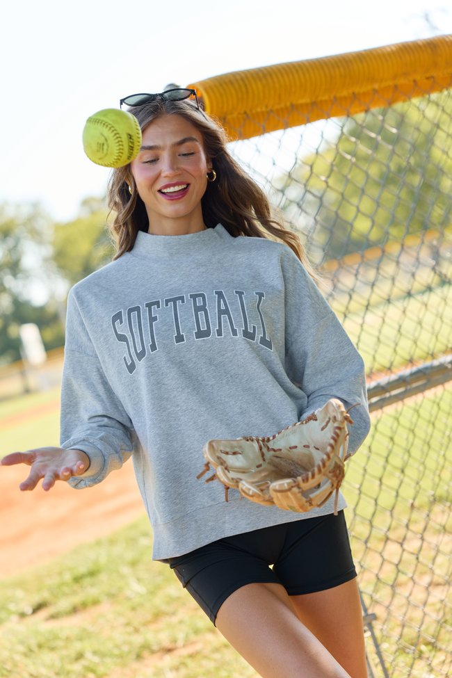 CYBER DEAL: Varsity Softball Light Grey Mock Neck Oversized Graphic Sweatshirt