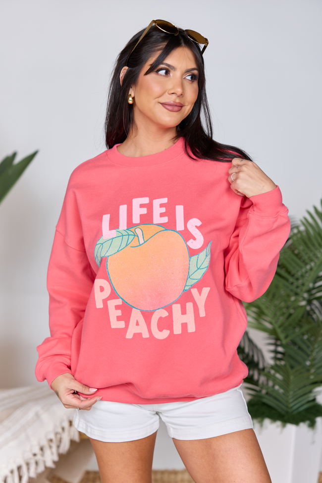 Life Is Peachy Light Red Oversized Graphic Sweatshirt