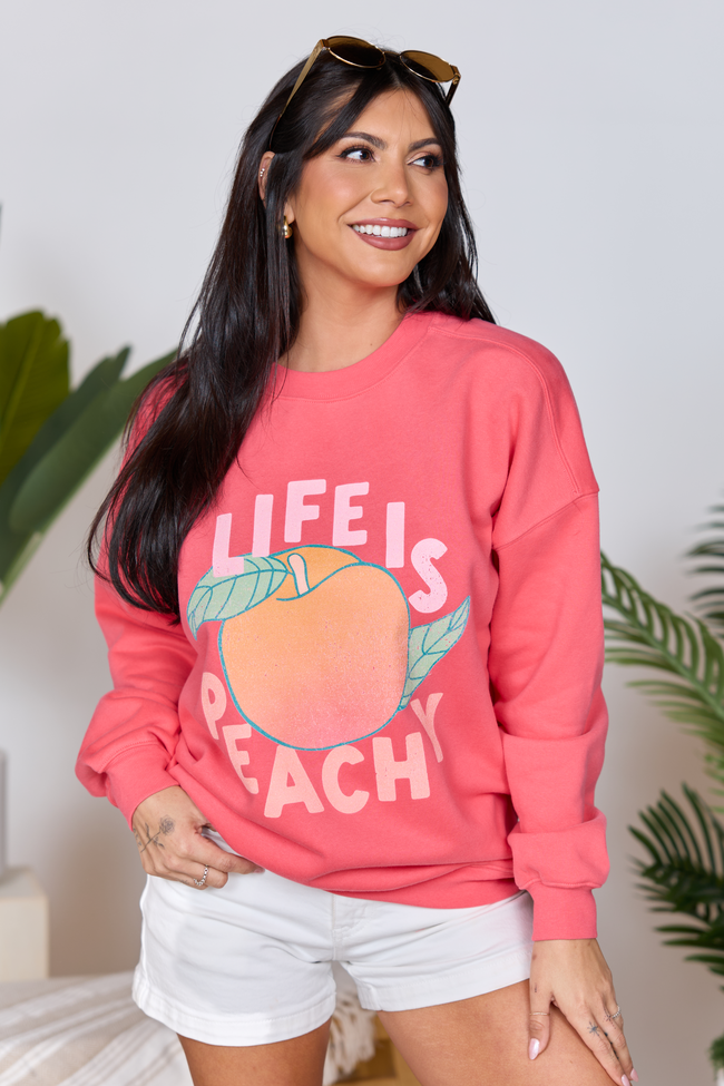Life Is Peachy Light Red Oversized Graphic Sweatshirt