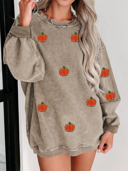 Pumpkin Round Neck Long Sleeve Sweatshirt