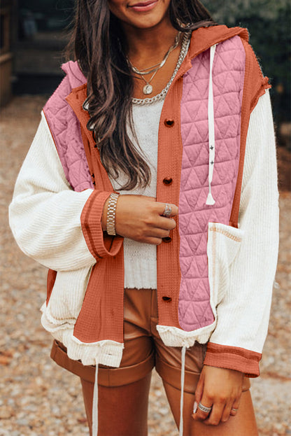 Light Blue Quilted Textured Patchwork Hooded Jacket