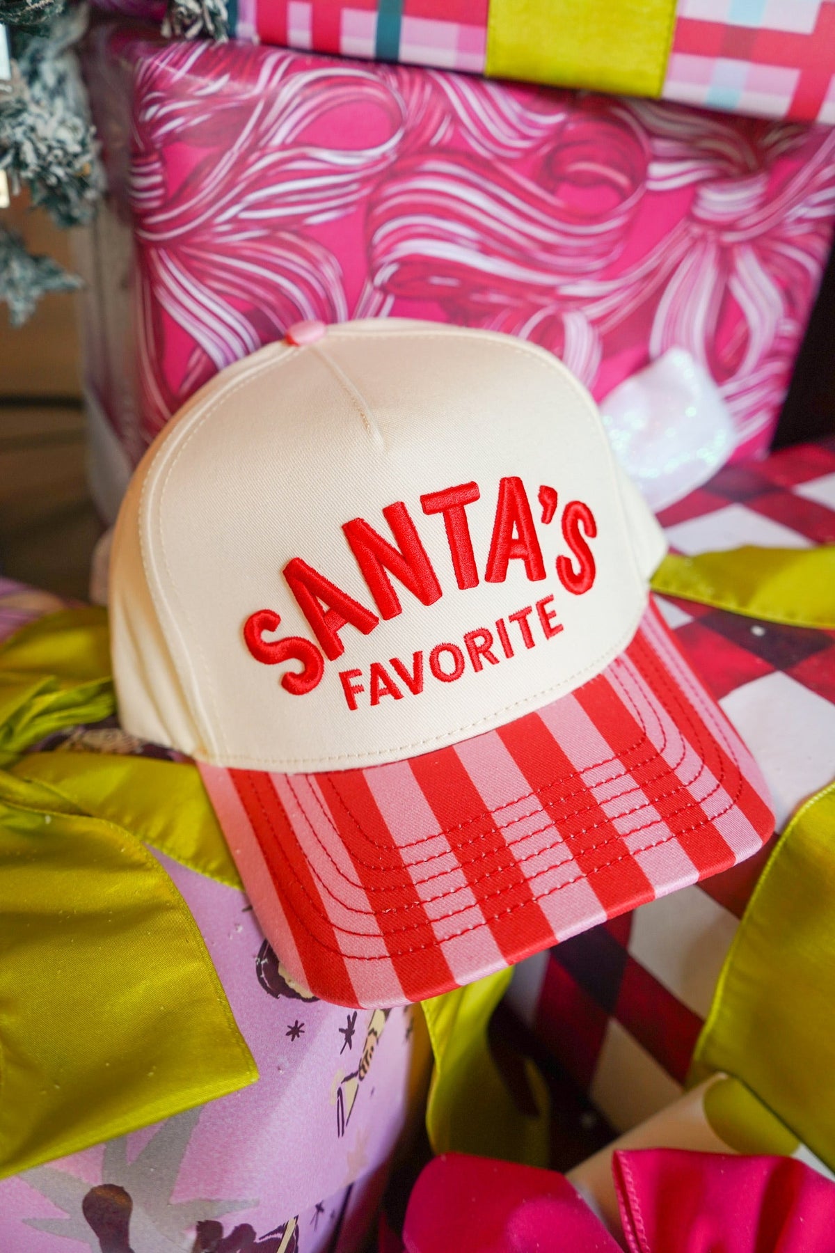 Santa's Favorite - Pink & Red Stripe Trucker Hat