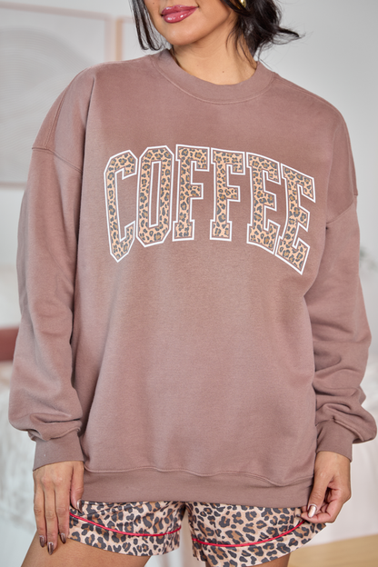 Coffee Leopard Print Mocha Oversized Graphic Sweatshirt