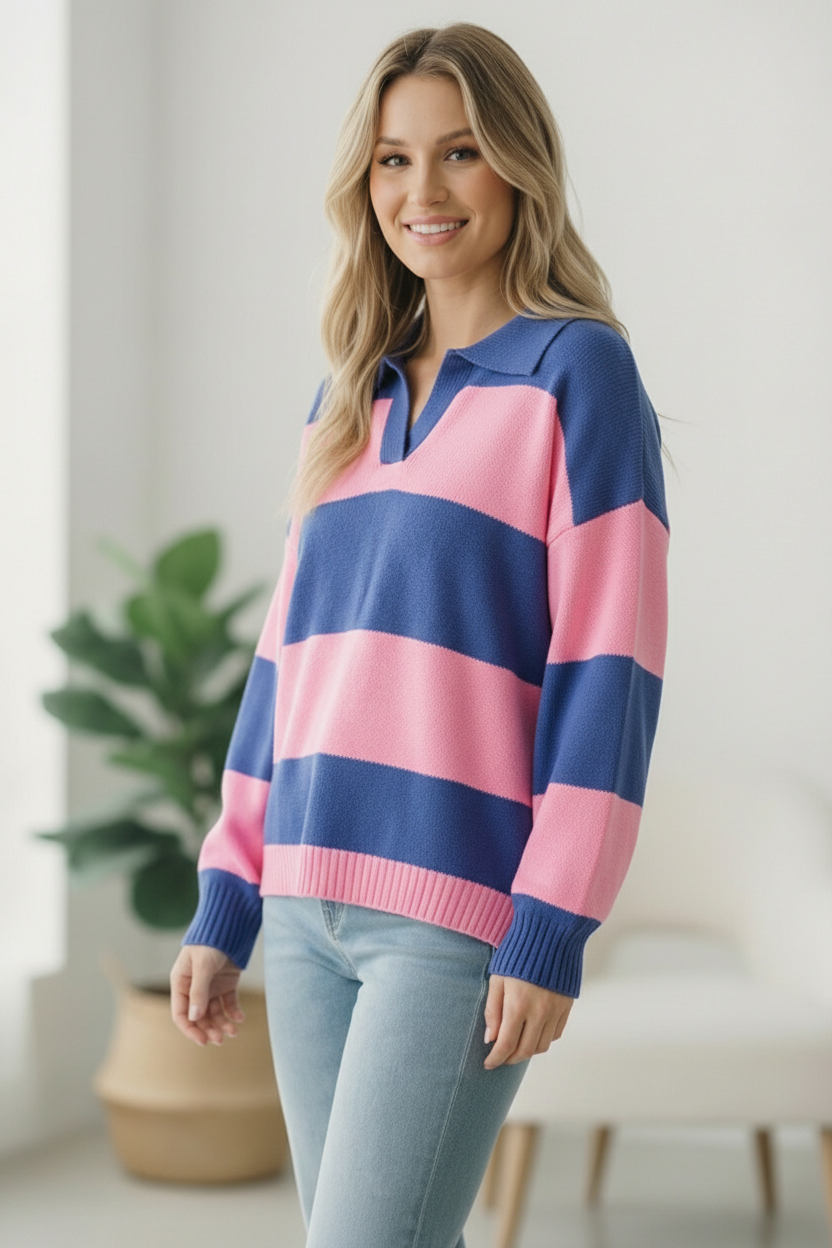 I'll Be On The Sidelines Blue and Pink Sweater