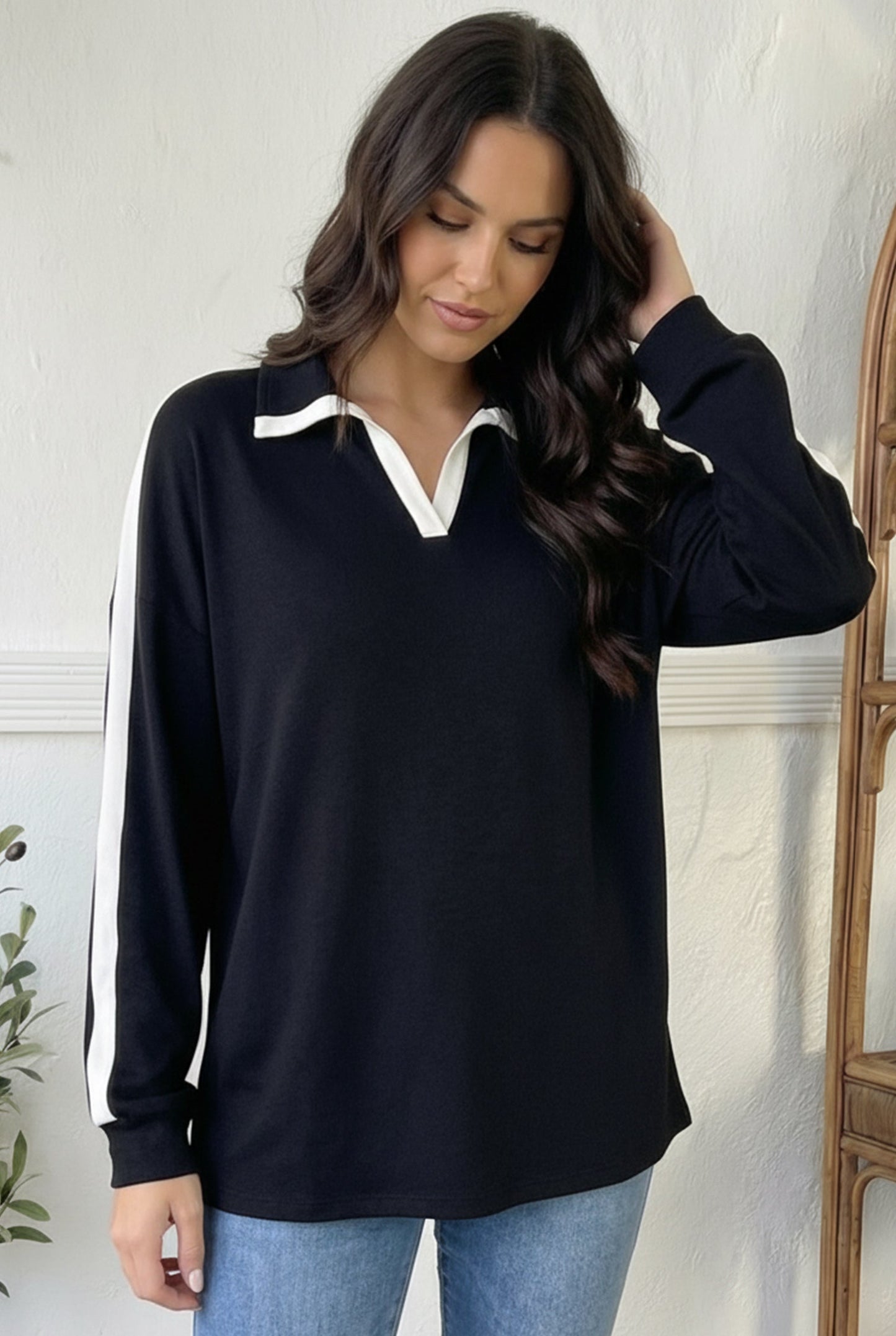 Varsity Vibes Notched Collar Black Top