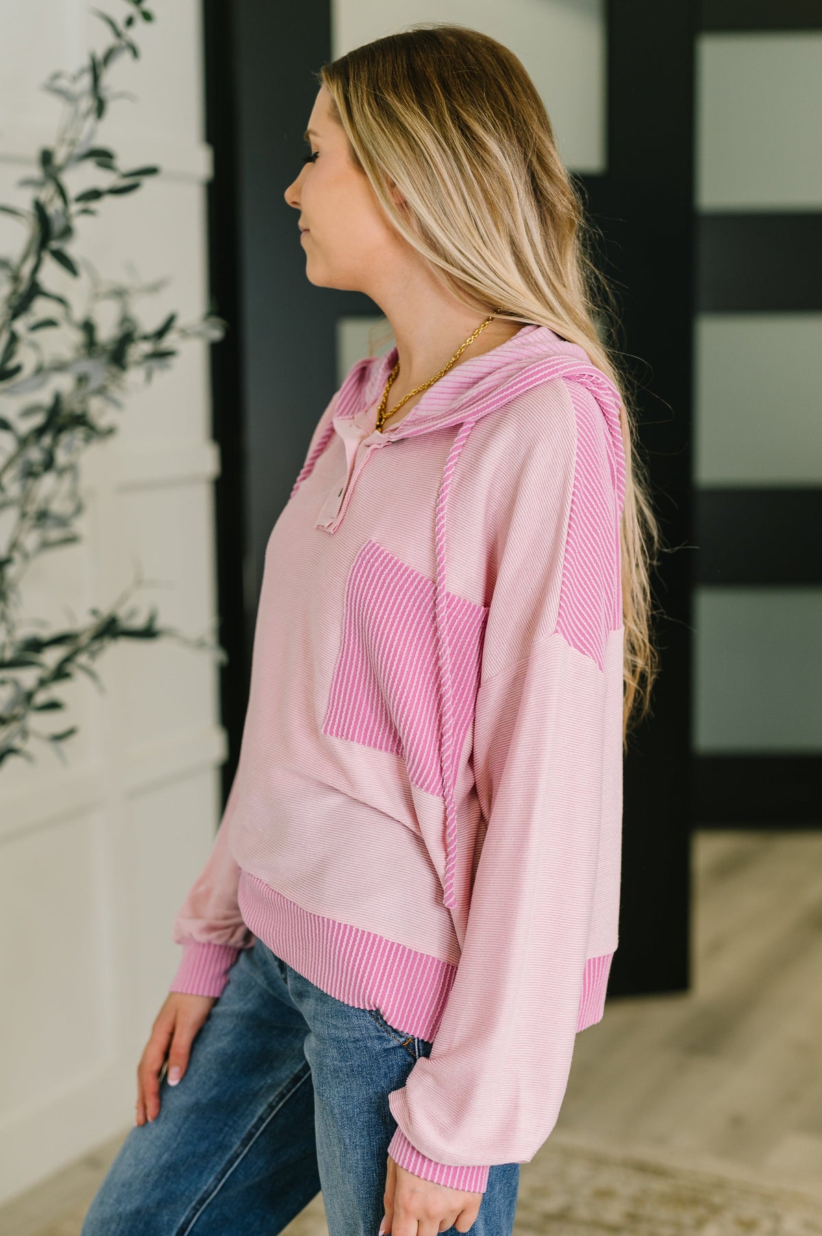 Here for Now Color Block Hoodie in Pink