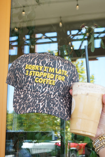 Sorry I'm Late, I Stopped for Coffee - Luxe Leopard Trucker Hat