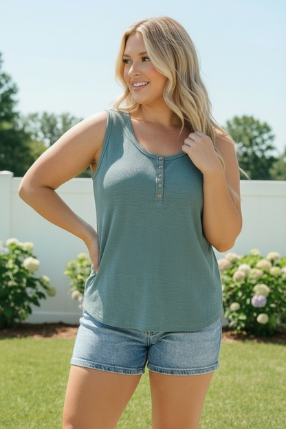 Waffle Knit Henley Tank in Dusty Teal