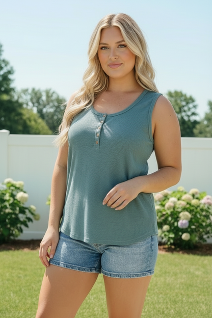 Waffle Knit Henley Tank in Dusty Teal