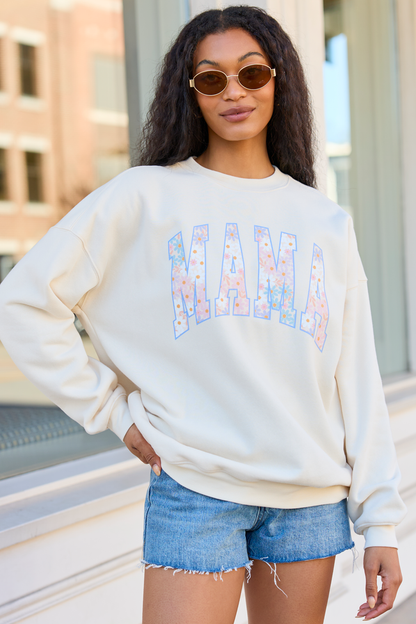 Mama Block Multi Daisy Print Cream Oversized Graphic Sweatshirt