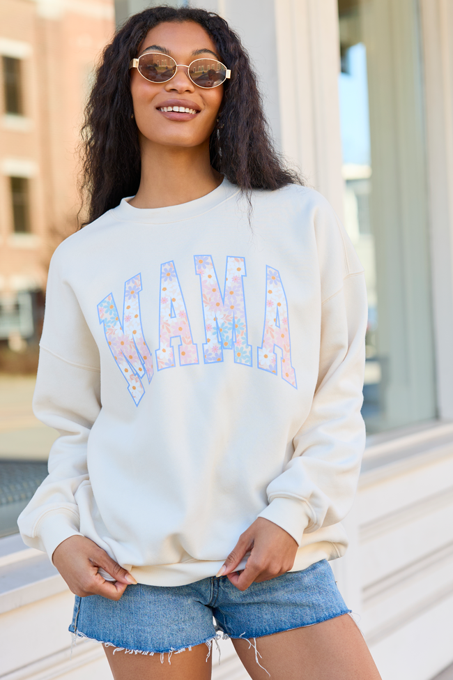 Mama Block Multi Daisy Print Cream Oversized Graphic Sweatshirt