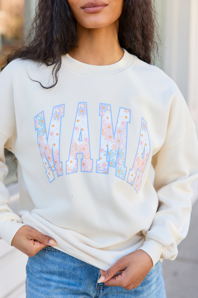 Mama Block Multi Daisy Print Cream Oversized Graphic Sweatshirt