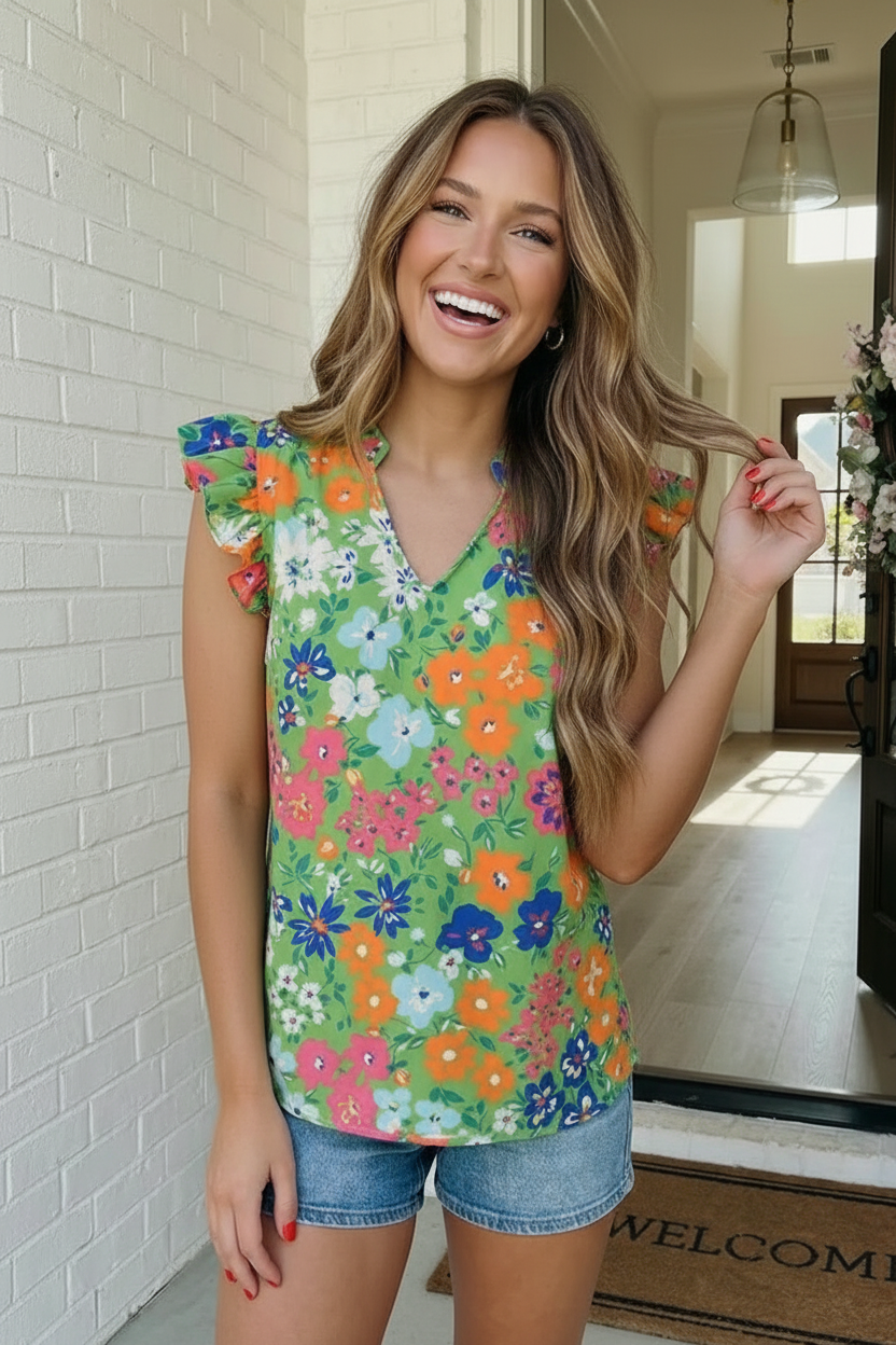 Garden Party Floral Ruffle Sleeve Blouse