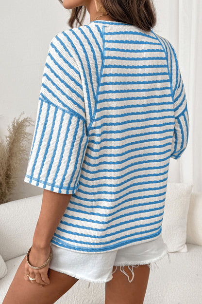 Blue Stripe Textured Knit Split Hem Half Sleeve Loose Top