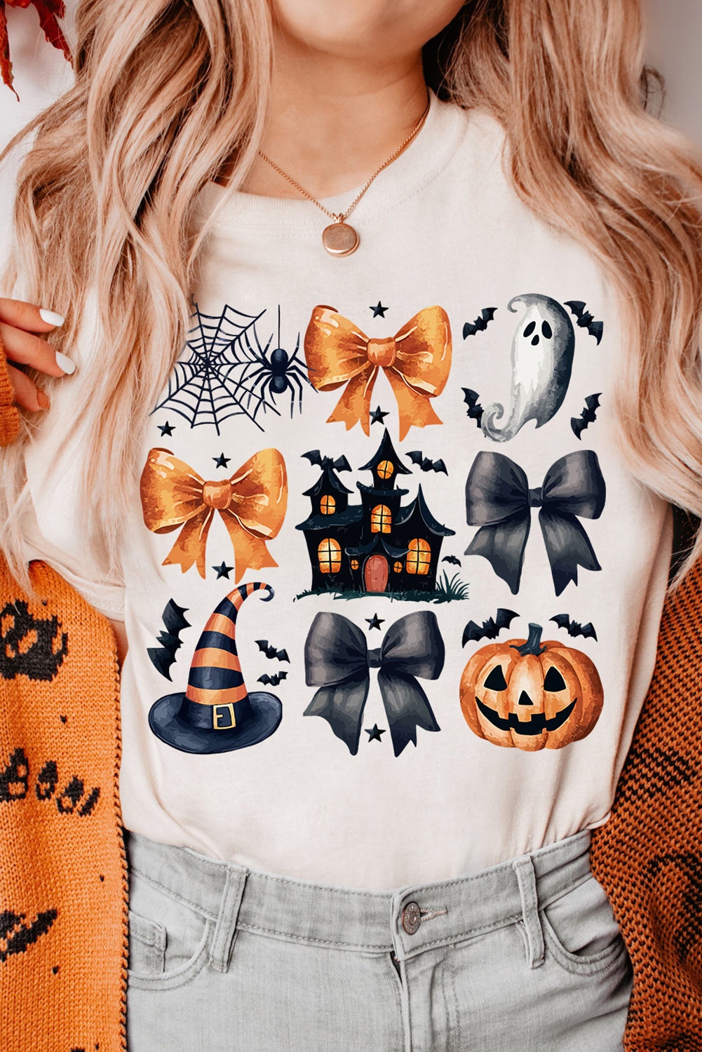 White Halloween Pattern Print Crew Neck T Shirt