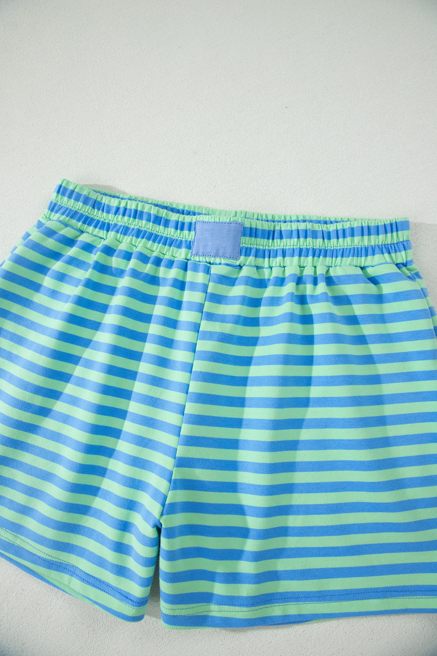 Blue Stripe Striped Ribbed Cotton Two-Piece Short Set with Chest Patch Detail