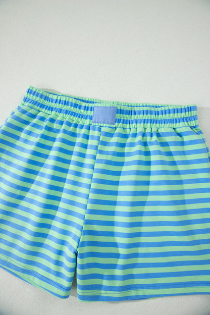 Blue Stripe Striped Ribbed Cotton Two-Piece Short Set with Chest Patch Detail