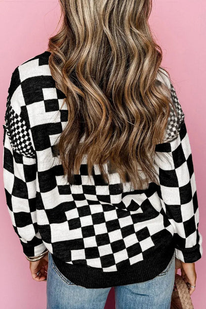 Checkered Round Neck Long Sleeve Sweater