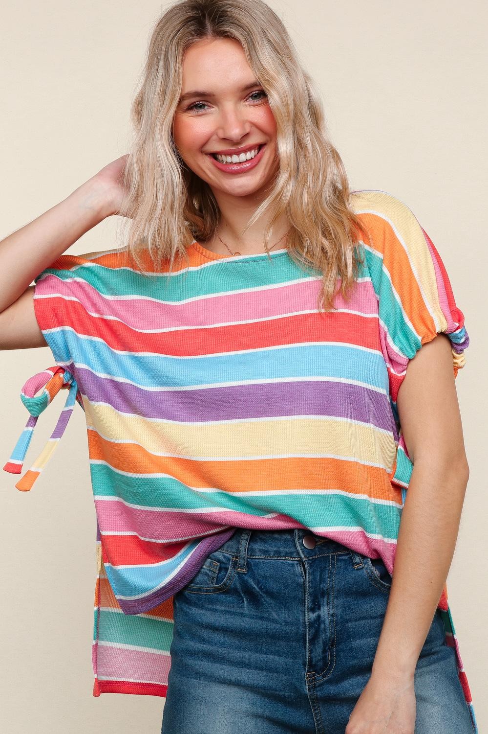 Feeling Bold Multicolor Stripe Dolman Bow Tie Sleeve Top (Open Pack)