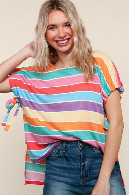 Feeling Bold Multicolor Stripe Dolman Bow Tie Sleeve Top (Open Pack)