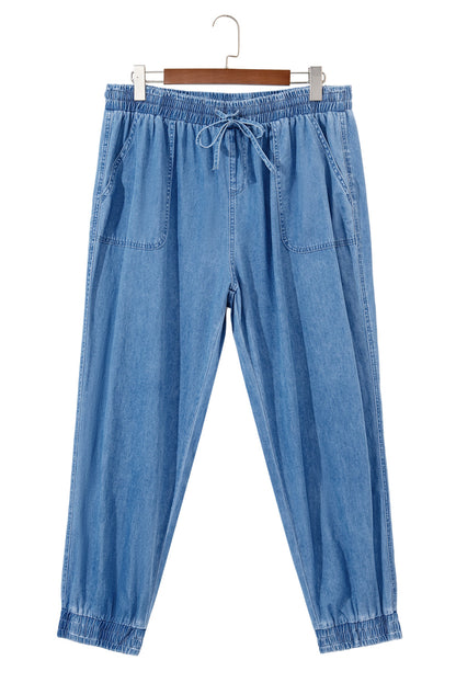 Dusk Blue Drawstring Waist Pocketed Plus Size Denim Joggers