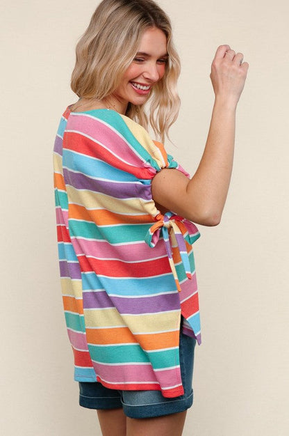 Feeling Bold Multicolor Stripe Dolman Bow Tie Sleeve Top (Open Pack)