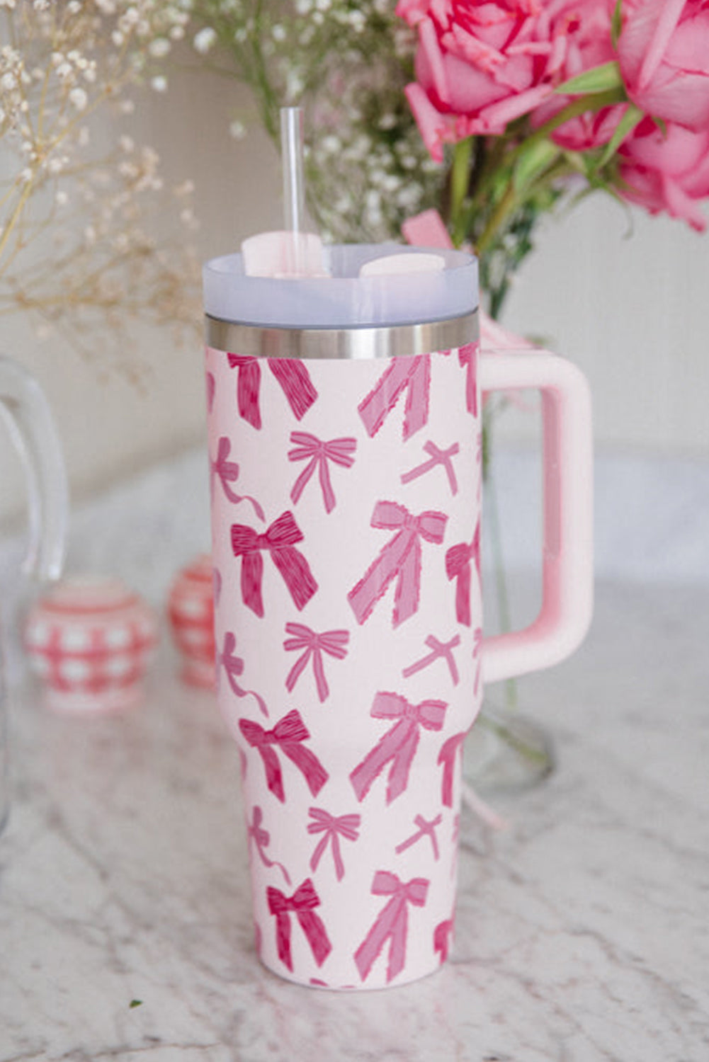 Pink Bowknot Tumbler with Handle 40oz