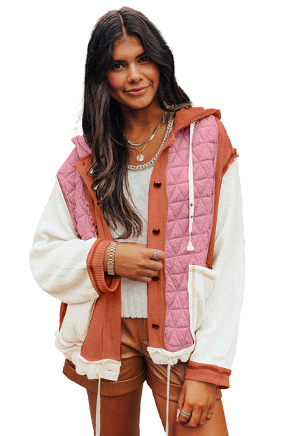 Light Blue Quilted Textured Patchwork Hooded Jacket