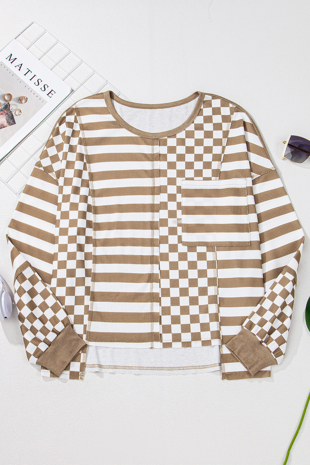 Khaki Checkered Striped Patchwork Lantern Sleeve Top