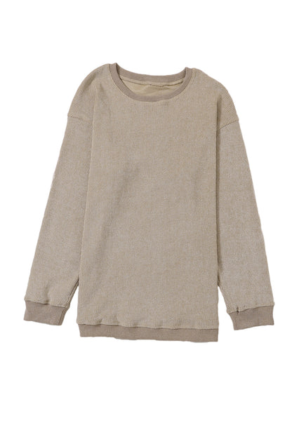 Khaki Solid Ribbed Round Neck Pullover Sweatshirt