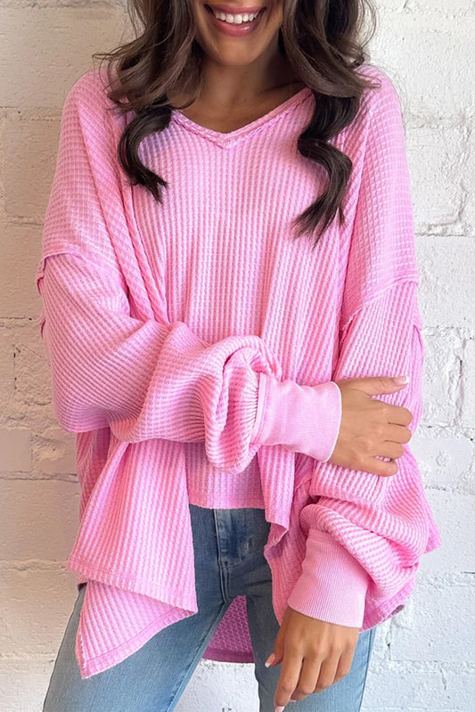 Pink Waffle Textured V-Neck Oversized Top