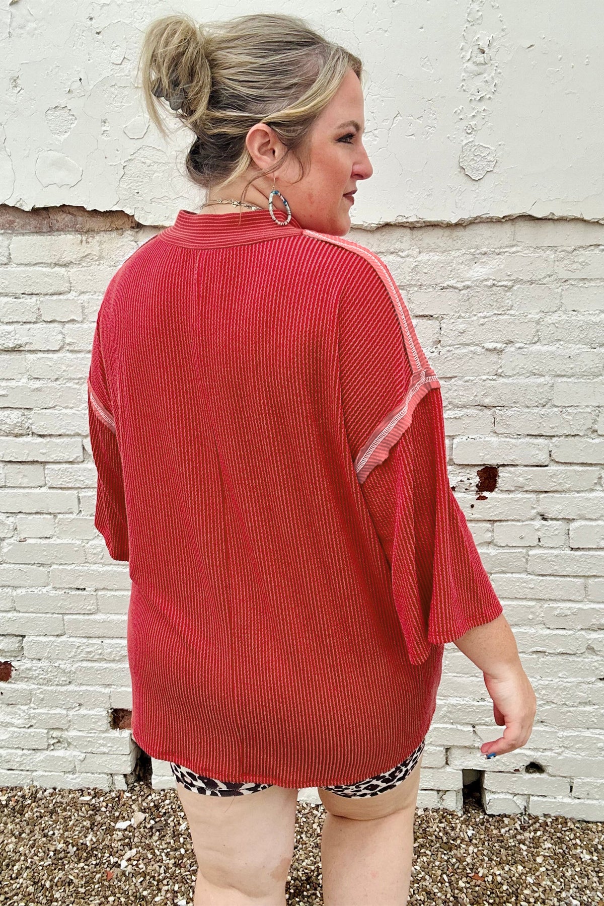 Fiery Red Twist Ribbed Tunic Plus Size Blouse