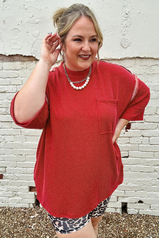 Fiery Red Twist Ribbed Tunic Plus Size Blouse
