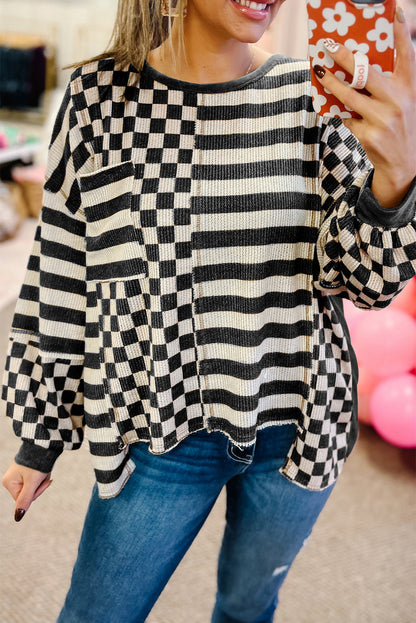 Khaki Checkered Striped Patchwork Lantern Sleeve Top