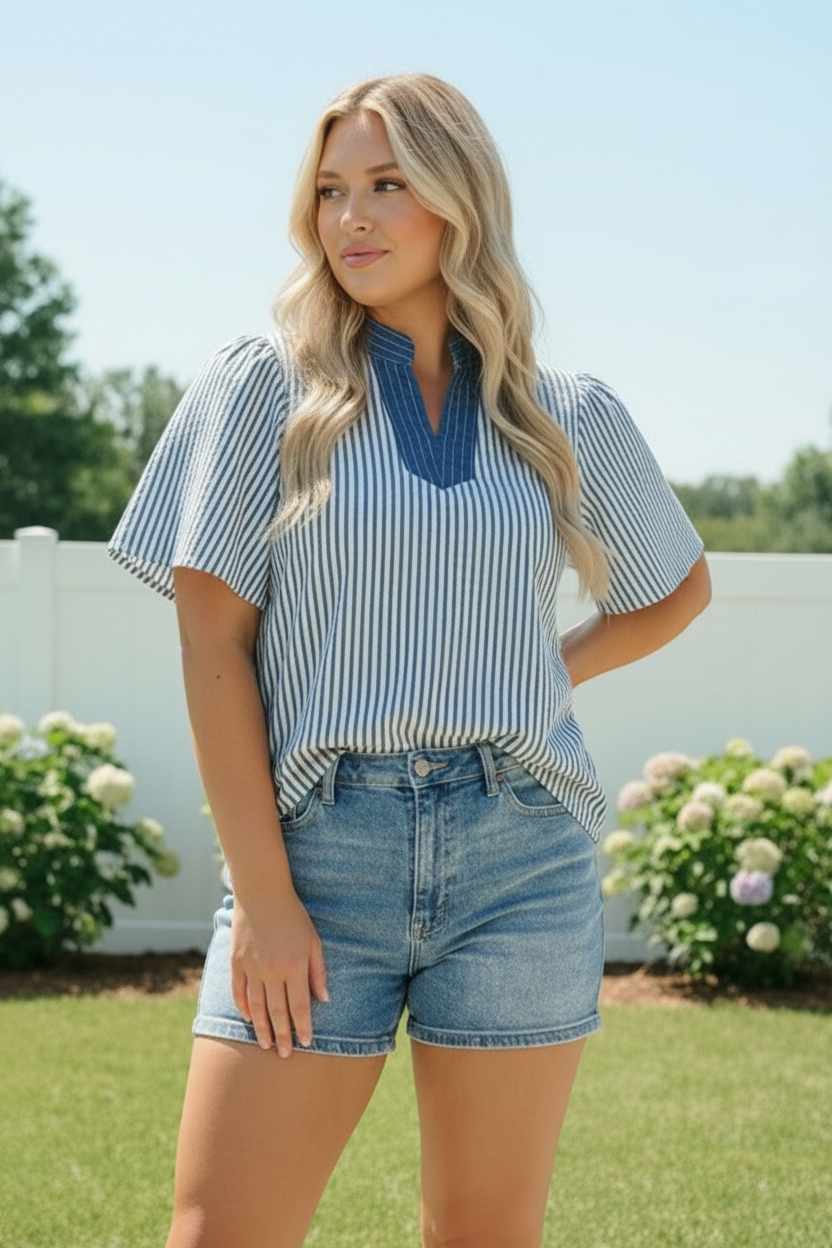 Breezy Stripe Flutter Sleeve Top