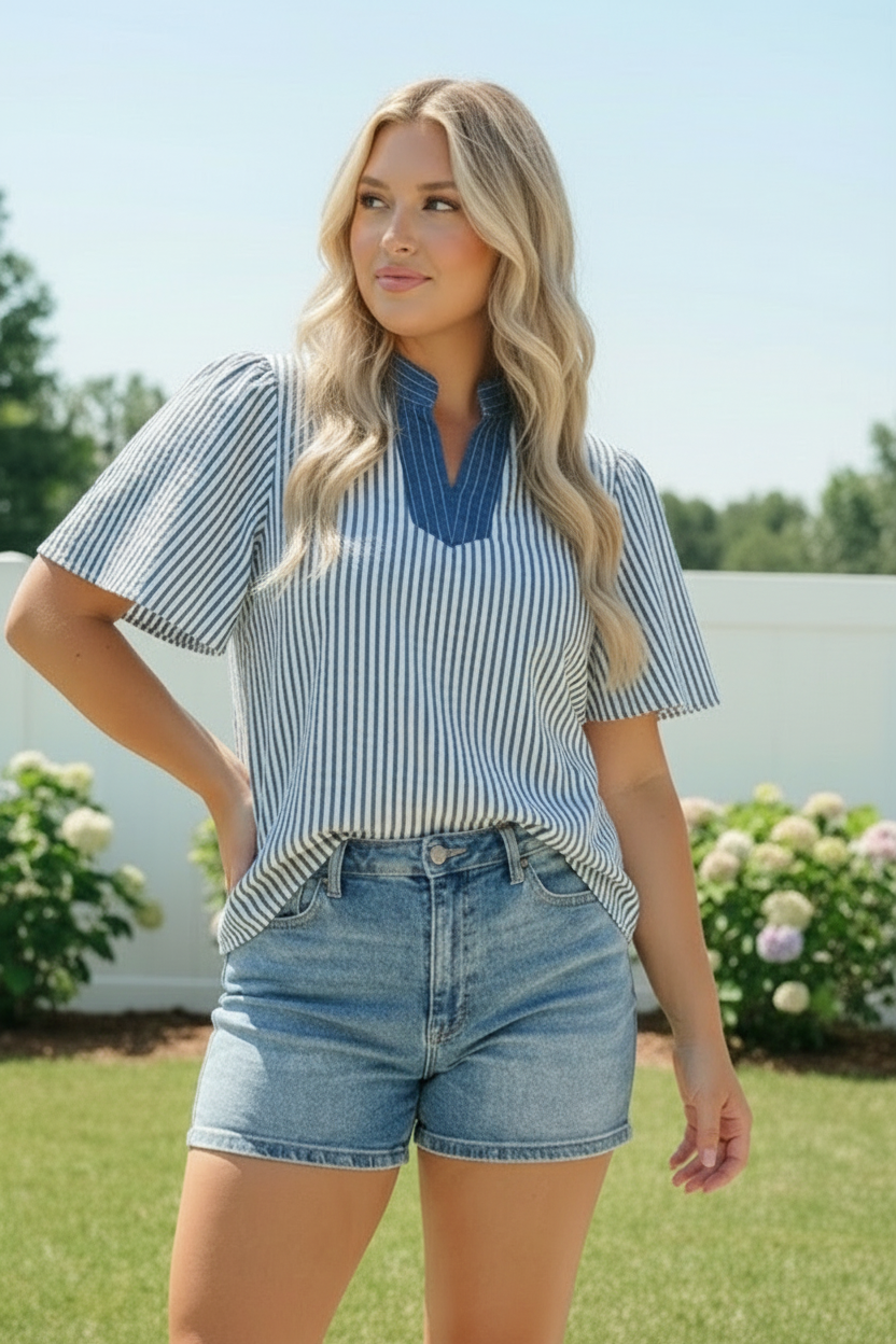 Breezy Stripe Flutter Sleeve Top