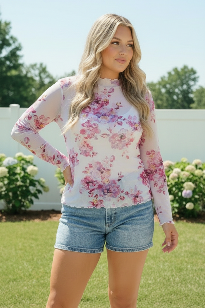 Garden Party Floral Mesh Long Sleeve Top