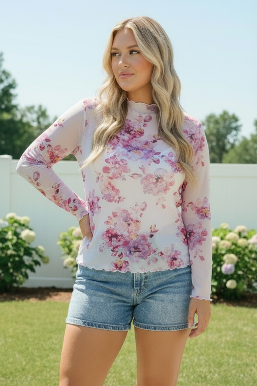 Garden Party Floral Mesh Long Sleeve Top