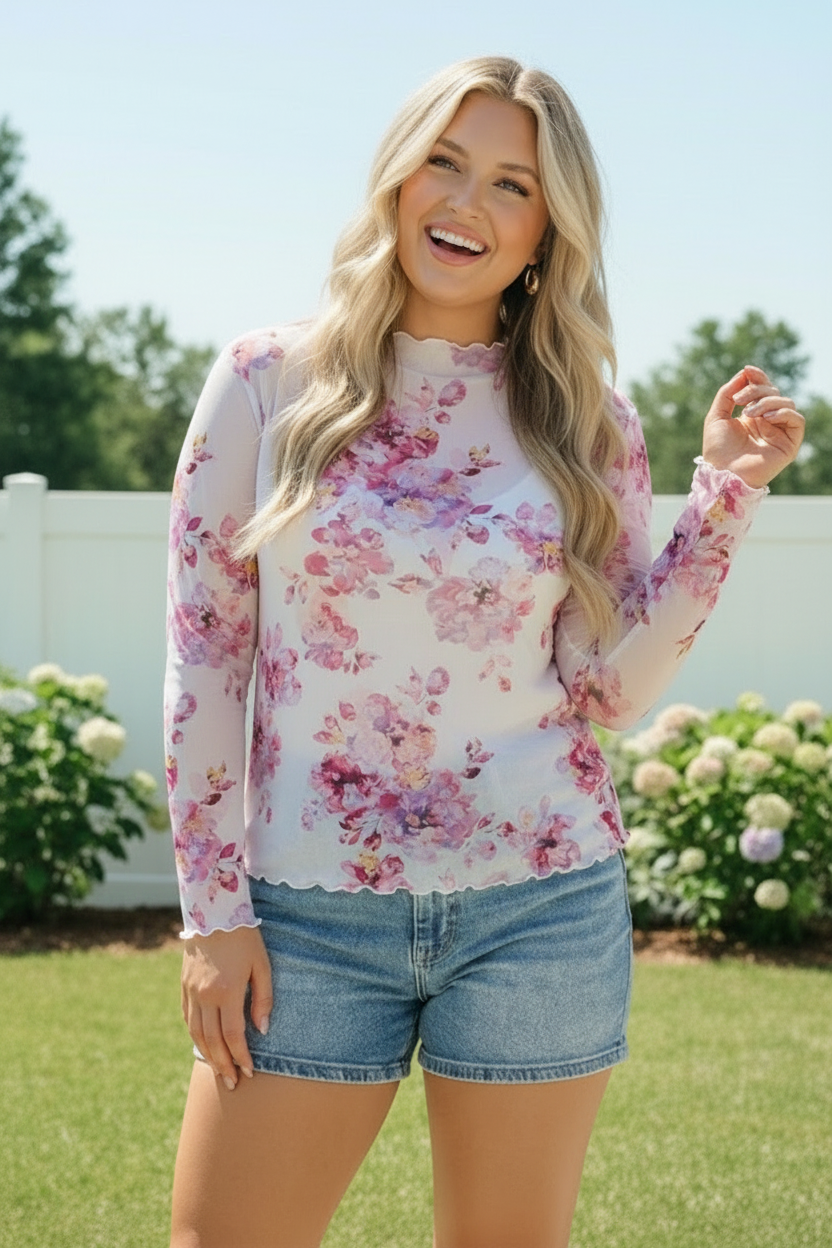 Garden Party Floral Mesh Long Sleeve Top