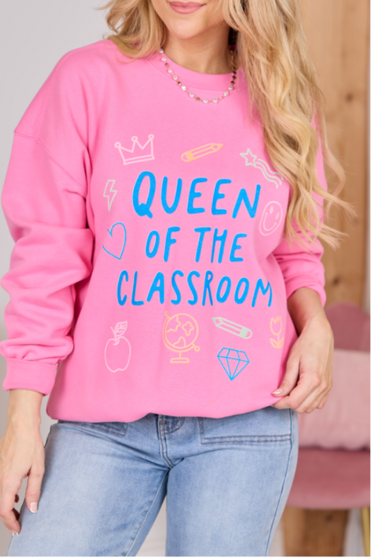 Queen Of The Classroom Pink Oversized Graphic Sweatshirt